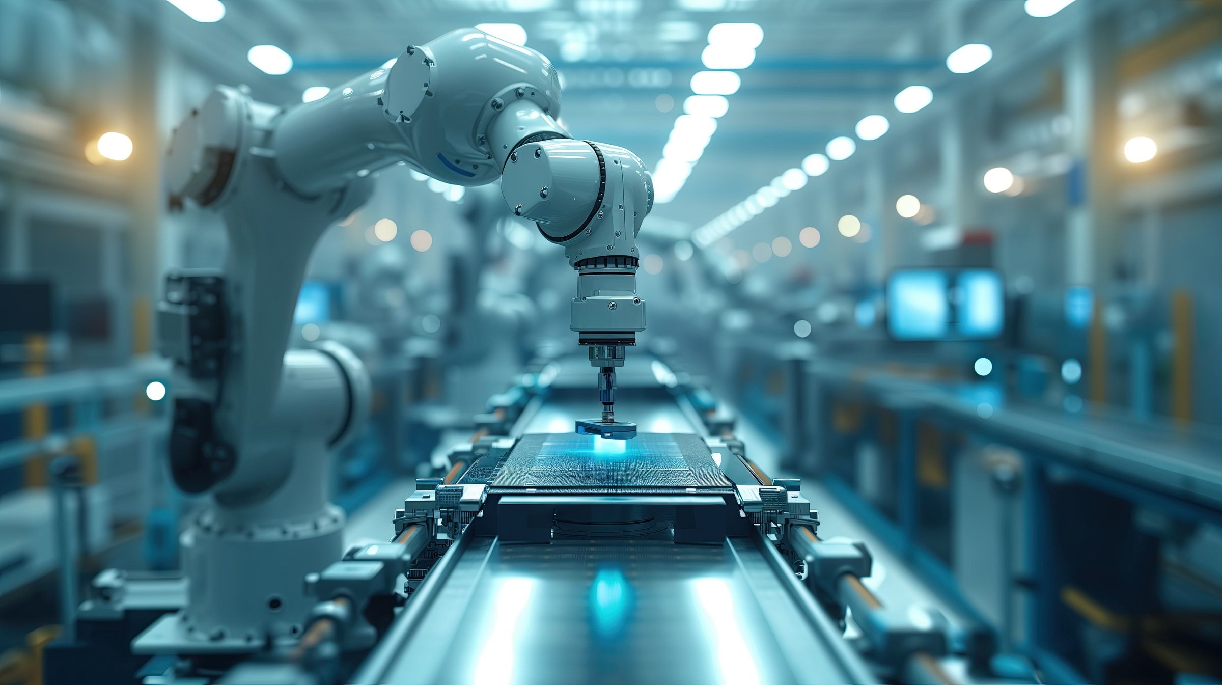 Photo d’illustration : bras robotisé au-dessus d’une ligne de production.