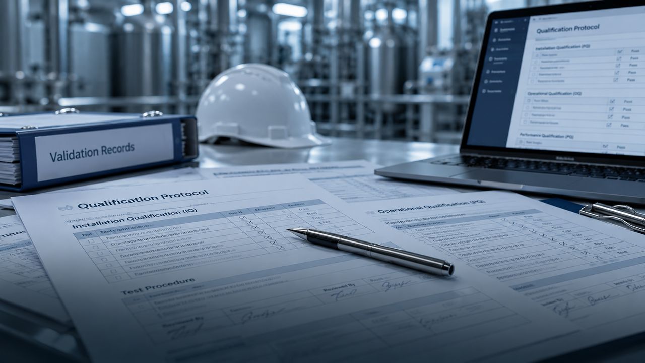 Illustration : un protocole de qualification, un classeur de validation, un casque et un ordinateur portable sur une table, devant une installation de production.