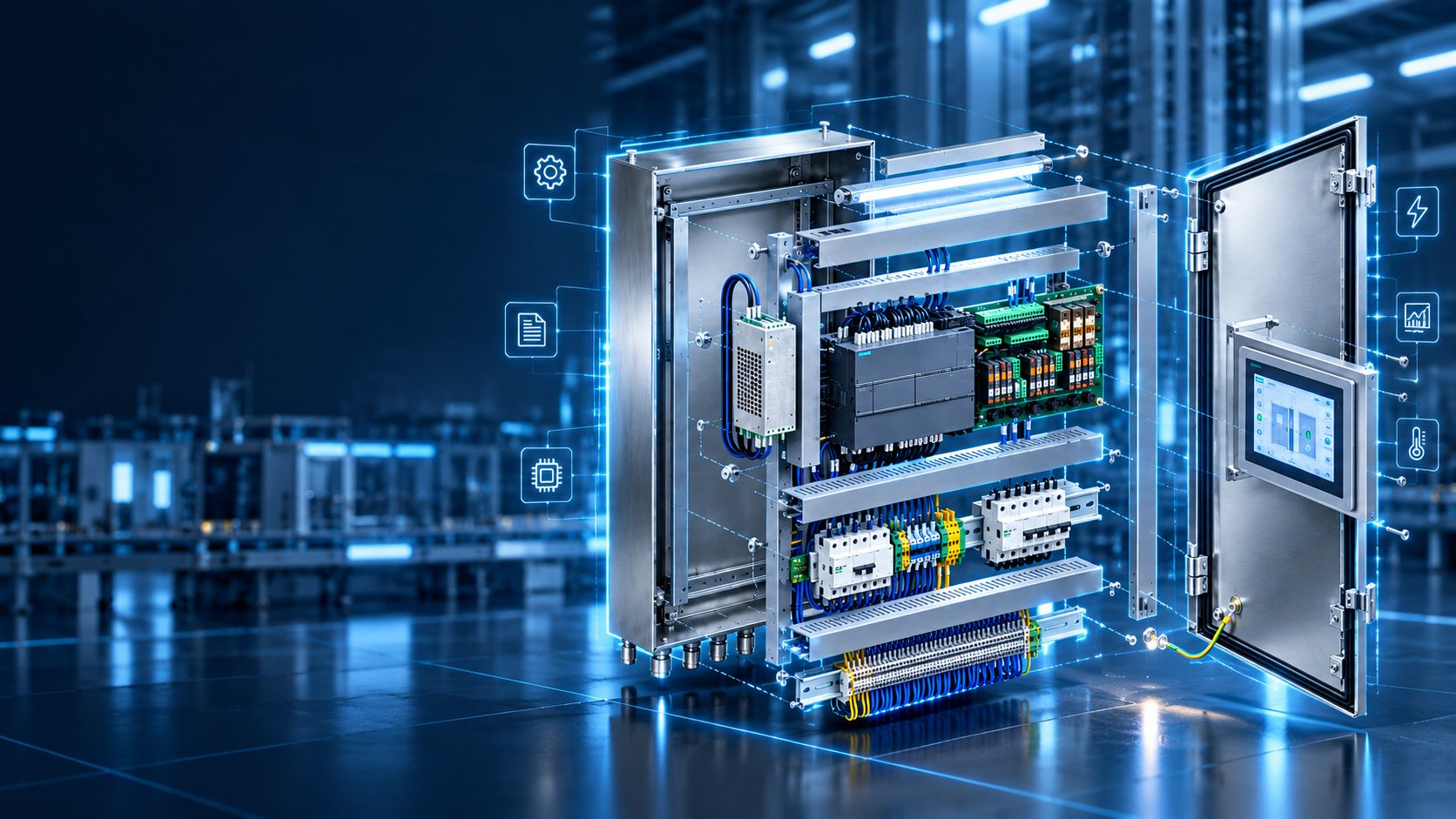 Illustration: an open stainless steel control cabinet, its components set out in layers and its door screen.